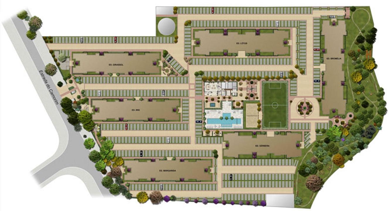 Perspectiva ilustrada da implantação | Floris Bosque Residencial – Jacarepaguá - Rio de Janeiro - Rio de Janeiro Perspectiva ilustrada da implantação | Floris Bosque Residencial – Apartamento em Jacarepaguá - Rio de Janeiro - Rio de Janeiro
