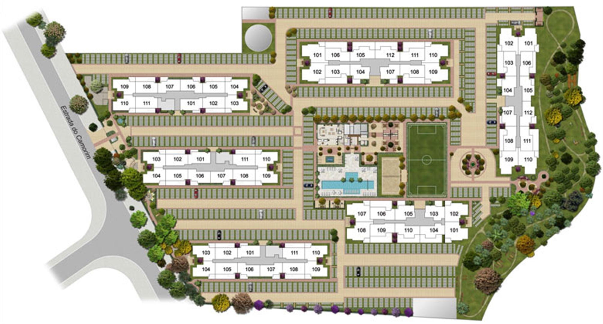 Perspectiva ilustrada da implantação-2 | Floris Bosque Residencial – Apartamento em  Jacarepaguá - Rio de Janeiro - Rio de Janeiro