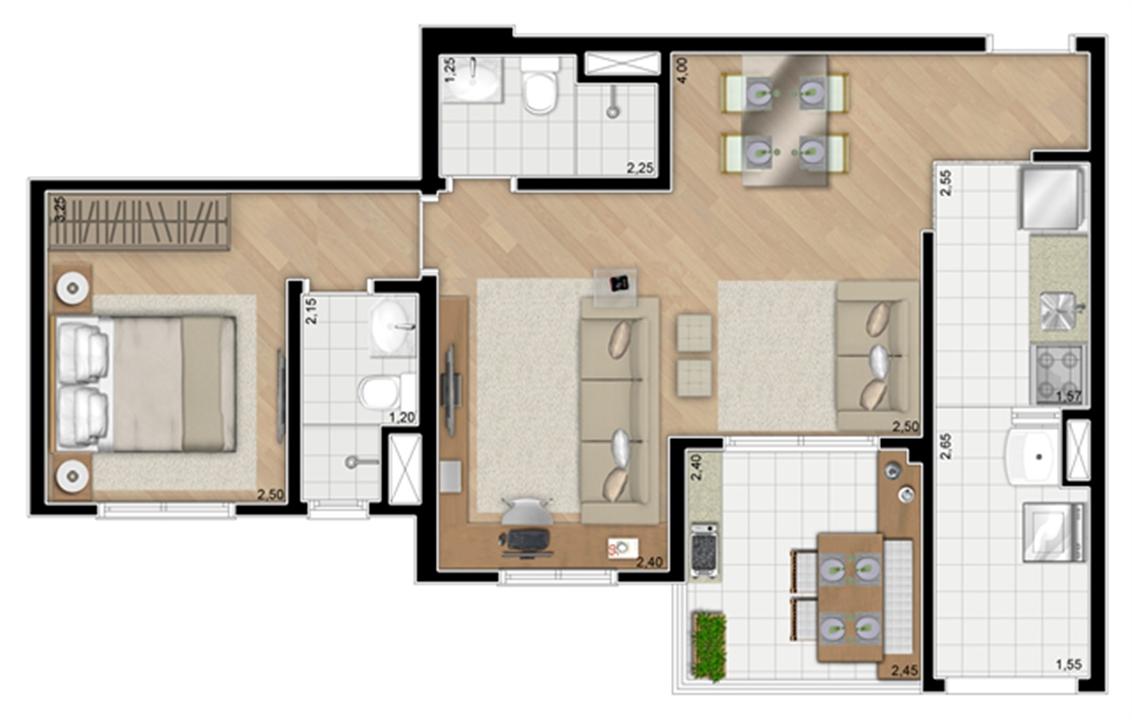 Torre Orquídea. Planta - Opção do apartamento de 59 m² privativos (1 suíte) | Alameda Cotegipe – Belém - São Paulo - São Paulo Torre Orquídea. Planta - Opção do apartamento de 59 m² privativos (1 suíte) | Alameda Cotegipe – Apartamento no Belém - São Paulo - São Paulo
