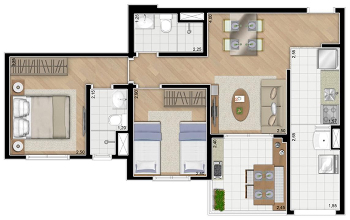 Torre Orquídea. Planta - Tipo do apartamento de 59 m² privativos (1 suíte) | Alameda Cotegipe – Belém - São Paulo - São Paulo Torre Orquídea. Planta - Tipo do apartamento de 59 m² privativos (1 suíte) | Alameda Cotegipe – Apartamento no Belém - São Paulo - São Paulo