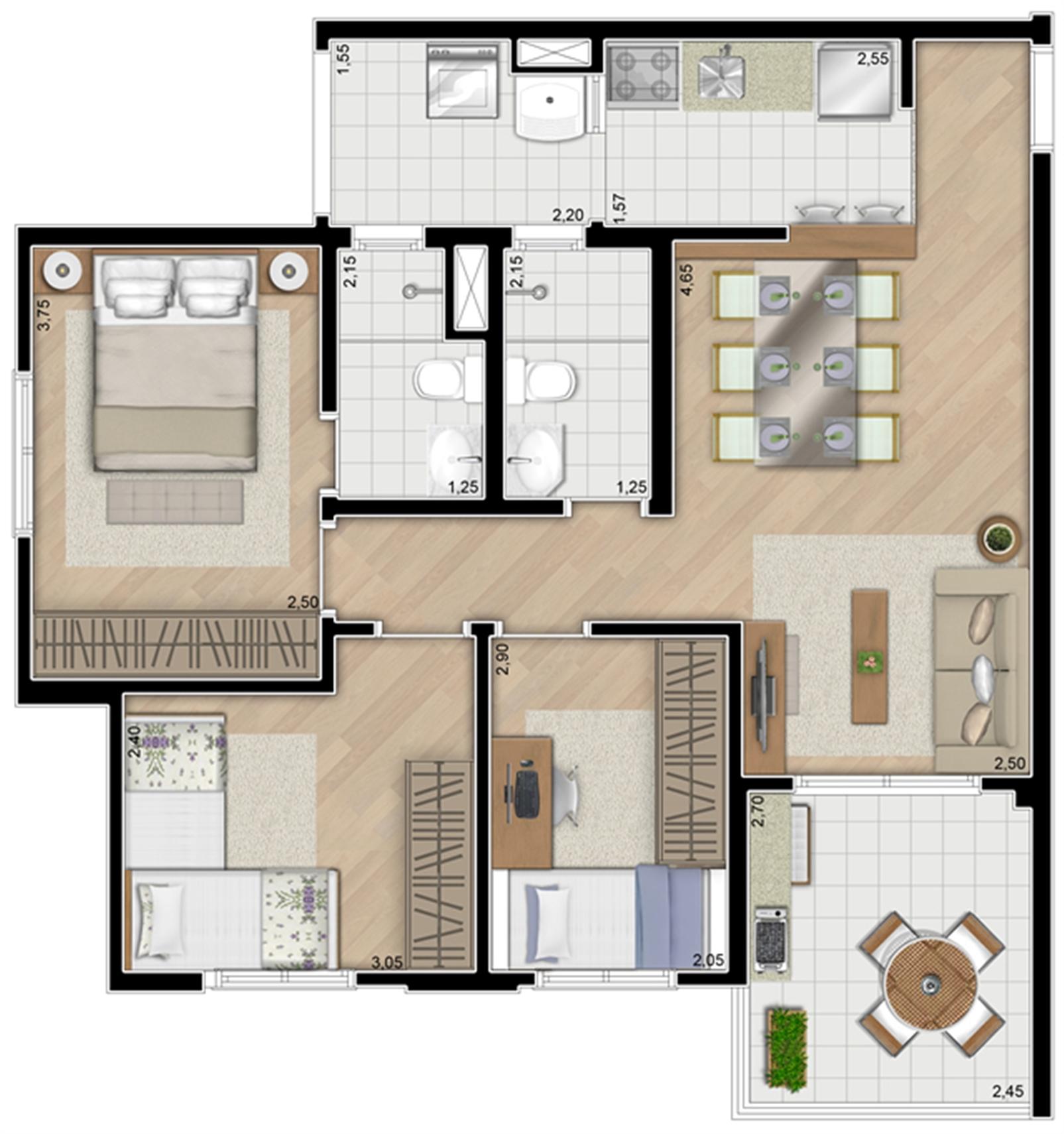 Torre Orquídea. Planta - Tipo do apartamento de 71 m² privativos, 3 dormitórios (1 suíte) | Alameda Cotegipe – Belém - São Paulo - São Paulo Torre Orquídea. Planta - Tipo do apartamento de 71 m² privativos, 3 dormitórios (1 suíte) | Alameda Cotegipe – Apartamento no Belém - São Paulo - São Paulo