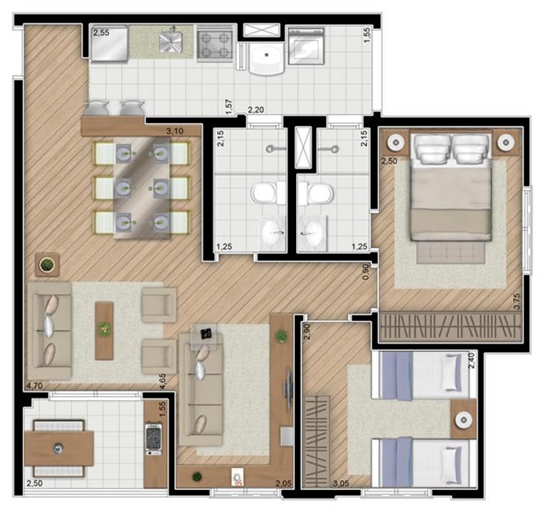Torre Violeta. Planta - Opção do apartamento de 68 m² privativos, 2 dormitórios (1 suíte). | Alameda Cotegipe – Belém - São Paulo - São Paulo Torre Violeta. Planta - Opção do apartamento de 68 m² privativos, 2 dormitórios (1 suíte). | Alameda Cotegipe – Apartamento no Belém - São Paulo - São Paulo