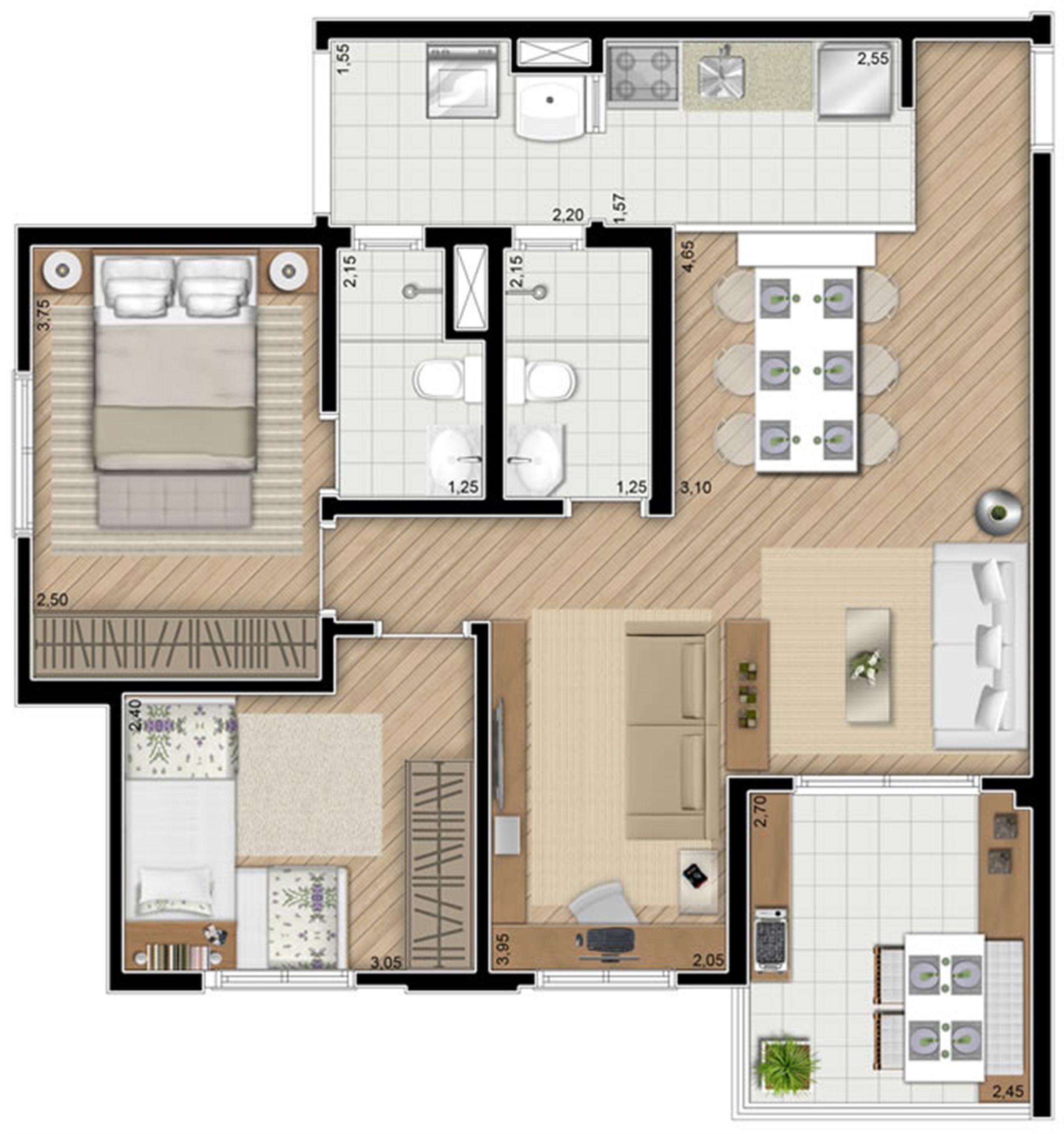 Torre Violeta. Planta - Opção do apartamento de 68 m² privativos, 2 dormitórios (1 suíte) | Alameda Cotegipe – Apartamento no  Belém - São Paulo - São Paulo