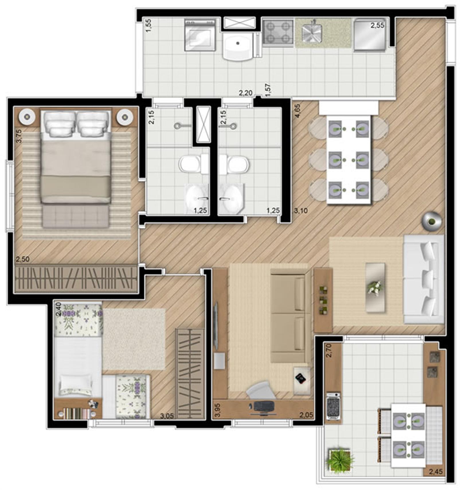 Torre Violeta. Planta - Opção do apartamento de 68 m² privativos, 2 dormitórios (1 suíte) | Alameda Cotegipe – Belém - São Paulo - São Paulo Torre Violeta. Planta - Opção do apartamento de 68 m² privativos, 2 dormitórios (1 suíte) | Alameda Cotegipe – Apartamento no Belém - São Paulo - São Paulo