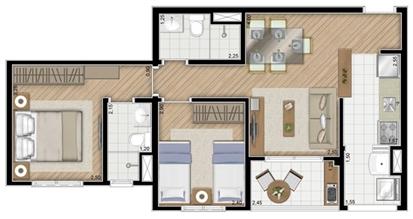 Torre Violeta. Planta - Tipo do apartamento de 54 m² privativos, 2 dorms (1 suíte) | Alameda Cotegipe – Apartamento no  Belém - São Paulo - São Paulo