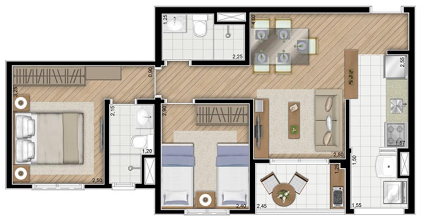 Torre Violeta. Planta - Tipo do apartamento de 54 m² privativos, 2 dorms (1 suíte) | Alameda Cotegipe – Belém - São Paulo - São Paulo Torre Violeta. Planta - Tipo do apartamento de 54 m² privativos, 2 dorms (1 suíte) | Alameda Cotegipe – Apartamento no Belém - São Paulo - São Paulo