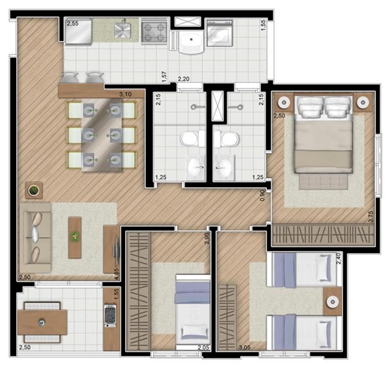 Torre Violeta. Planta - Tipo do apartamento de 68 m² privativos, 3 dormitórios (1 suíte) | Alameda Cotegipe – Belém - São Paulo - São Paulo Torre Violeta. Planta - Tipo do apartamento de 68 m² privativos, 3 dormitórios (1 suíte) | Alameda Cotegipe – Apartamento no Belém - São Paulo - São Paulo