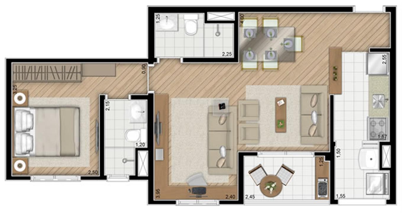 Torre Violeta. Planta - Opção do apartamento de 54 m² privativos (1 suíte) | Alameda Cotegipe – Belém - São Paulo - São Paulo Torre Violeta. Planta - Opção do apartamento de 54 m² privativos (1 suíte) | Alameda Cotegipe – Apartamento no Belém - São Paulo - São Paulo