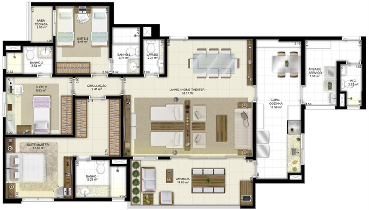 Planta - Tipo - 3 suítes (living ampliado e cozinha ampliada) - 131 m² | Jardim de Vêneto – Altos do Calhau - São Luís - Maranhão Planta - Tipo - 3 suítes (living ampliado e cozinha ampliada) - 131 m² | Jardim de Vêneto – Apartamento em Altos do Calhau - São Luís - Maranhão