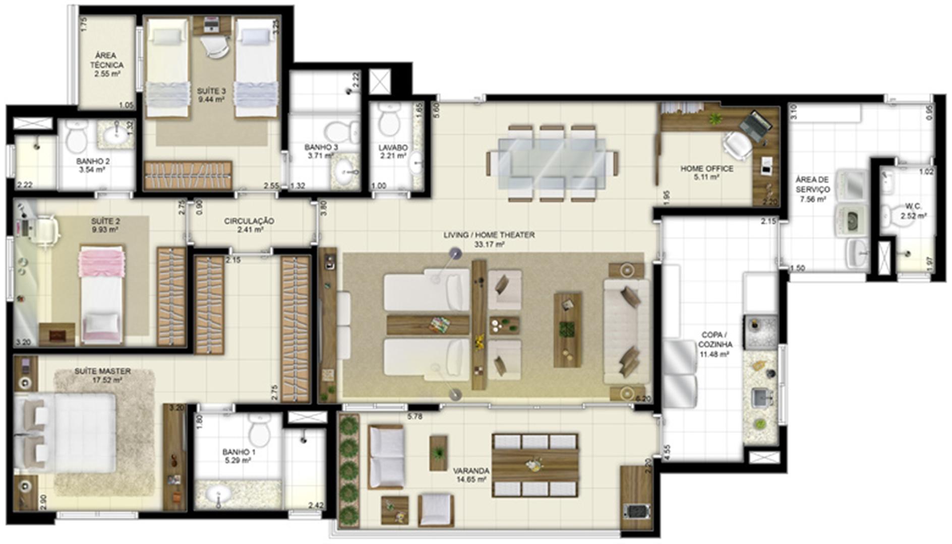 Planta - Tipo - 3 suítes (living ampliado e home office) - 131 m² | Jardim de Vêneto – Apartamento em  Altos do Calhau - São Luís - Maranhão