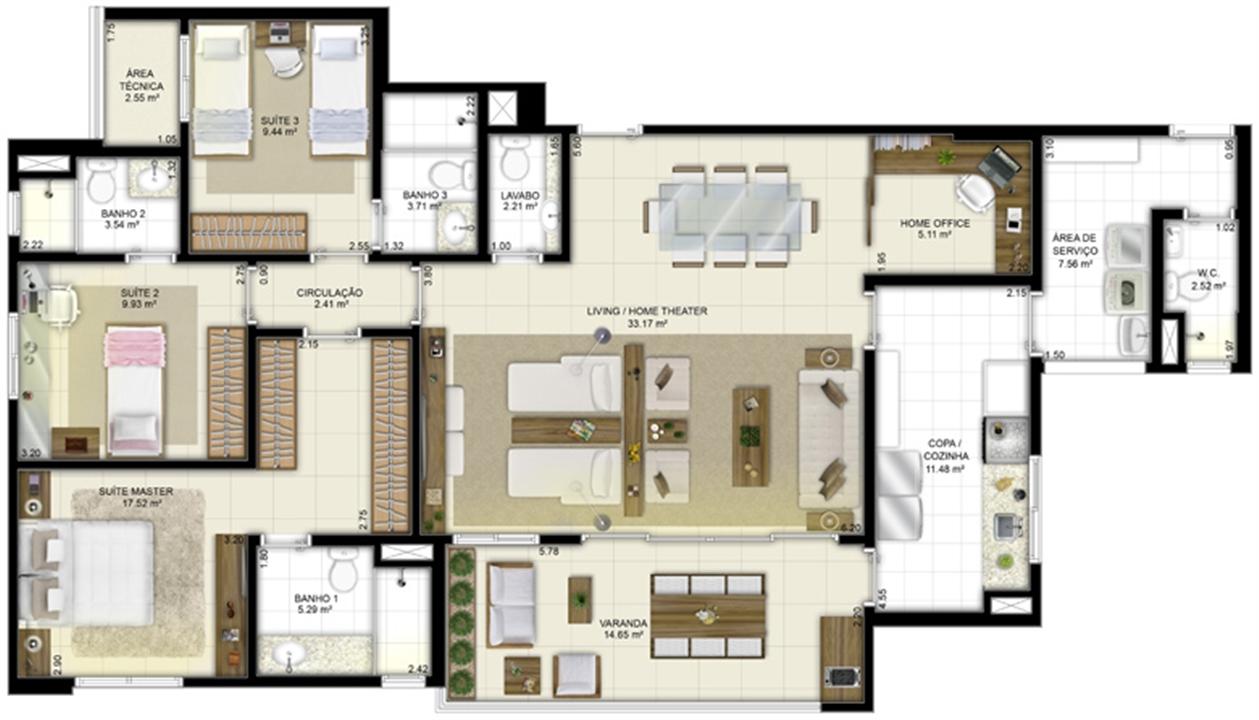Planta - Tipo - 3 suítes (living ampliado e home office) - 131 m² | Jardim de Vêneto – Altos do Calhau - São Luís - Maranhão Planta - Tipo - 3 suítes (living ampliado e home office) - 131 m² | Jardim de Vêneto – Apartamento em Altos do Calhau - São Luís - Maranhão