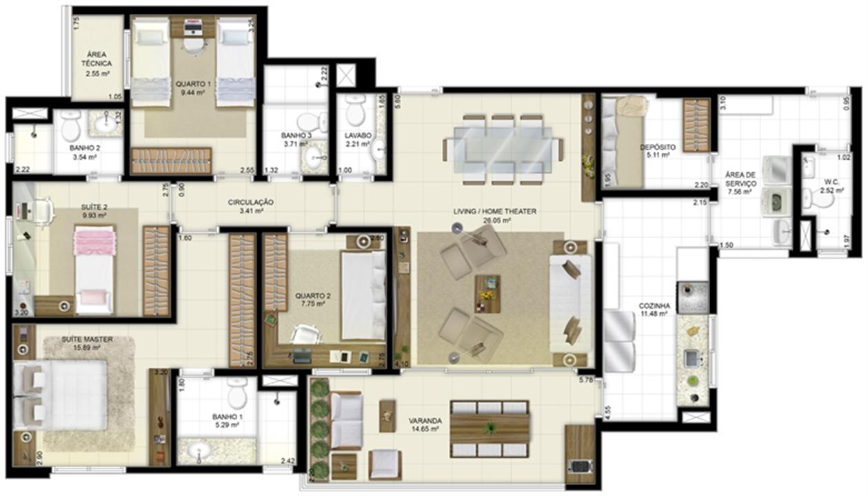Planta - Tipo - 4 quartos (2 suítes) - 131 m² | Jardim de Vêneto – Altos do Calhau - São Luís - Maranhão Planta - Tipo - 4 quartos (2 suítes) - 131 m² | Jardim de Vêneto – Apartamento em Altos do Calhau - São Luís - Maranhão