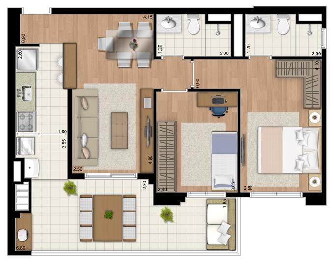 Planta Apartamento de 68 m² privativos com 2 dorms. (com suíte) | Le Champ – Apartamento no  Belém - São Paulo - São Paulo
