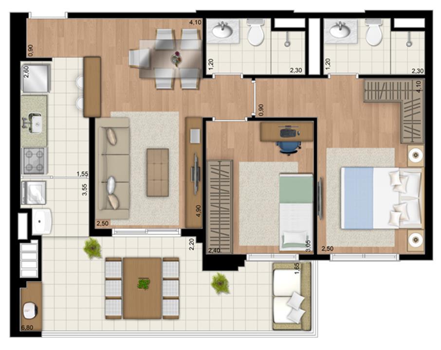 Planta Apartamento de 68 m² privativos com 2 dorms. | Le Champ – Belém - São Paulo - São Paulo Planta Apartamento de 68 m² privativos com 2 dorms. | Le Champ – Apartamento no Belém - São Paulo - São Paulo