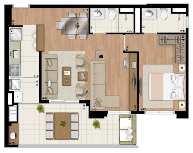 Planta Apartamento de 68 m² privativos living ampliado com 1 suíte | Le Champ – Apartamento no  Belém - São Paulo - São Paulo