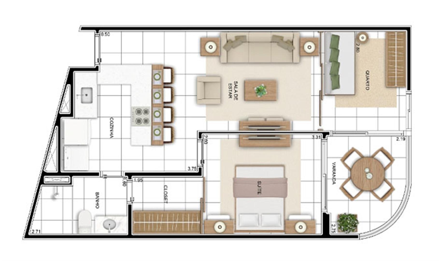 PLANTA - APTO TIPO C - 56 m² OPÇÃO 01  | In Mare Bali – Apartamento no  Distrito Litoral de Cotovelo - Parnamirim - Rio Grande do Norte