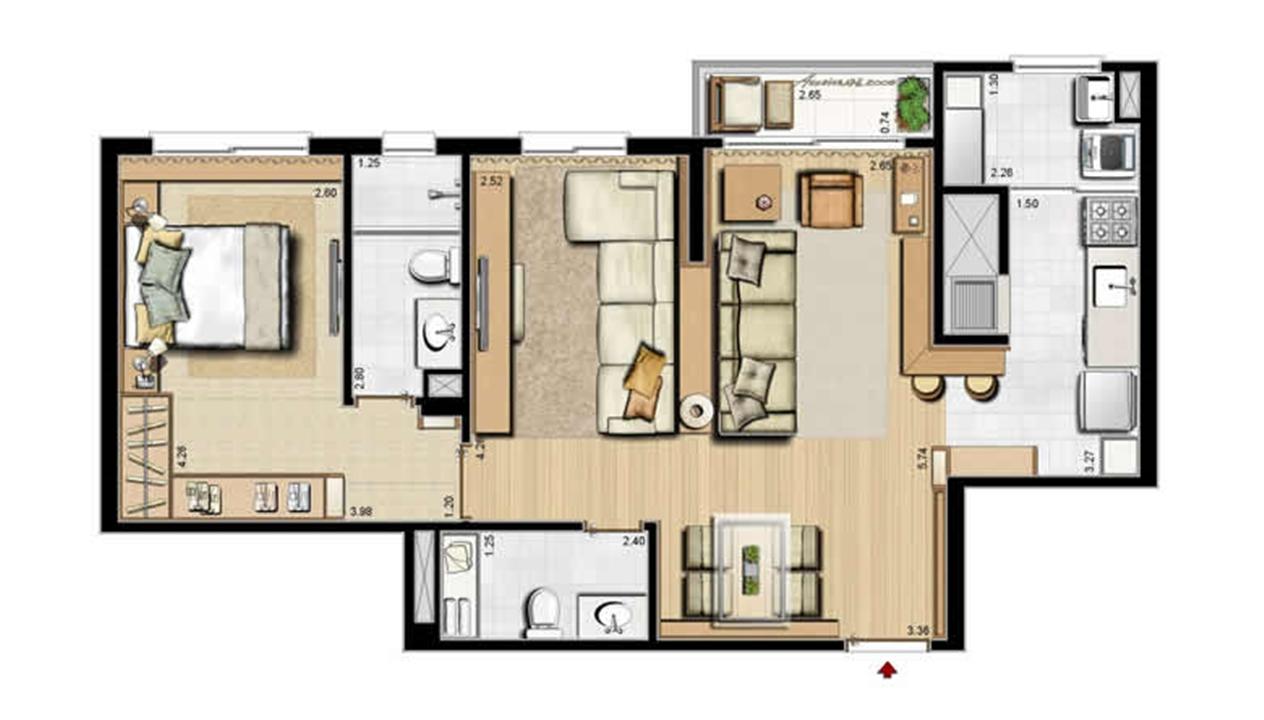 Opção 1 suíte, living estendido e lavabo - 68 m² privativos e 105 m² área total | Villa Mimosa Vita Insolaratta – Centro - Canoas - Rio Grande do Sul Opção 1 suíte, living estendido e lavabo - 68 m² privativos e 105 m² área total | Villa Mimosa Vita Insolaratta – Apartamento no Centro - Canoas - Rio Grande do Sul