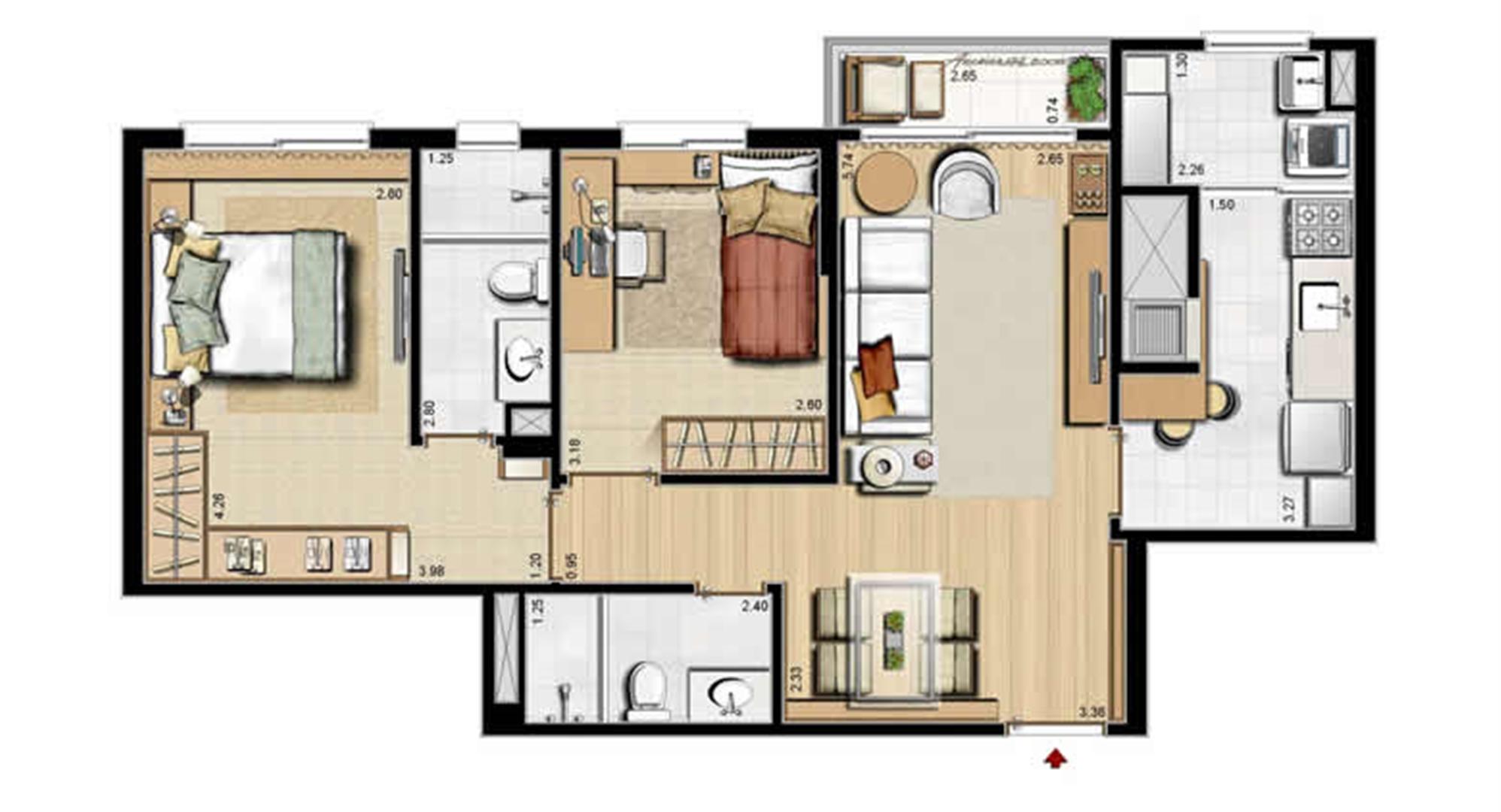 Opção cozinha fechada - 68 m² privativos e 105 m² área total | Villa Mimosa Vita Insolaratta – Apartamento no  Centro - Canoas - Rio Grande do Sul