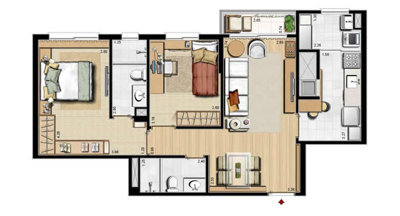Opção cozinha fechada - 68 m² privativos e 105 m² área total | Villa Mimosa Vita Insolaratta – Centro - Canoas - Rio Grande do Sul Opção cozinha fechada - 68 m² privativos e 105 m² área total | Villa Mimosa Vita Insolaratta – Apartamento no Centro - Canoas - Rio Grande do Sul