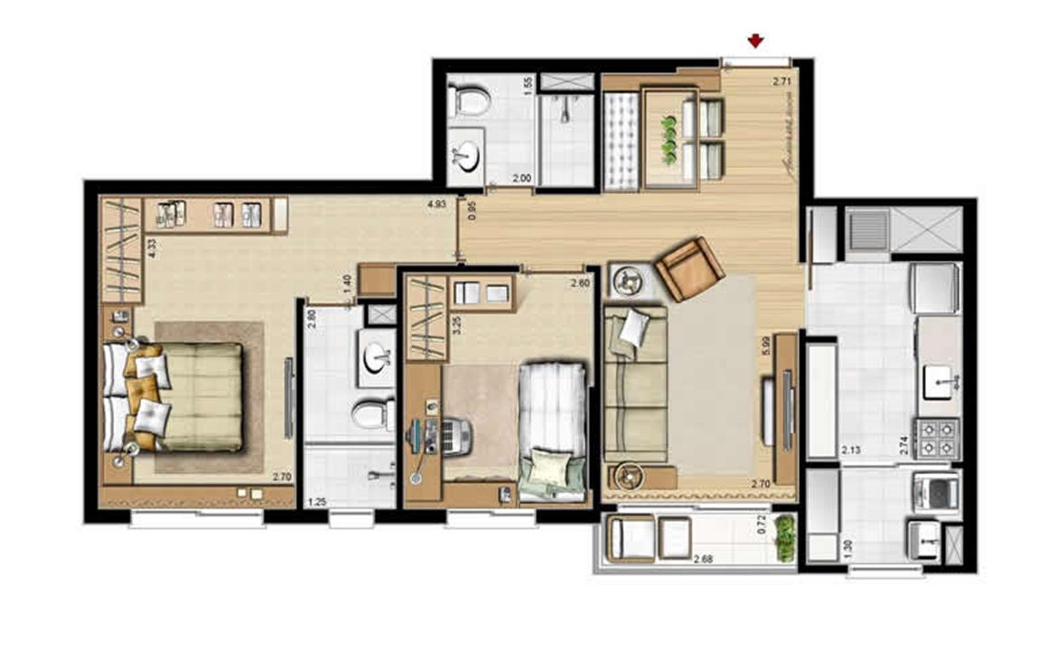 Opção cozinha fechada - 69 m² privativos e 107 m² área total | Villa Mimosa Vita Insolaratta – Centro - Canoas - Rio Grande do Sul Opção cozinha fechada - 69 m² privativos e 107 m² área total | Villa Mimosa Vita Insolaratta – Apartamento no Centro - Canoas - Rio Grande do Sul