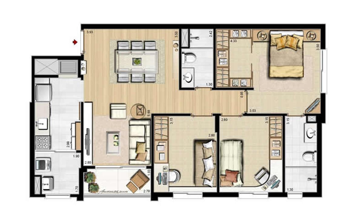 Opção cozinha fechada - 84 m² privativos e 130 m² área total | Villa Mimosa Vita Insolaratta – Centro - Canoas - Rio Grande do Sul Opção cozinha fechada - 84 m² privativos e 130 m² área total | Villa Mimosa Vita Insolaratta – Apartamento no Centro - Canoas - Rio Grande do Sul
