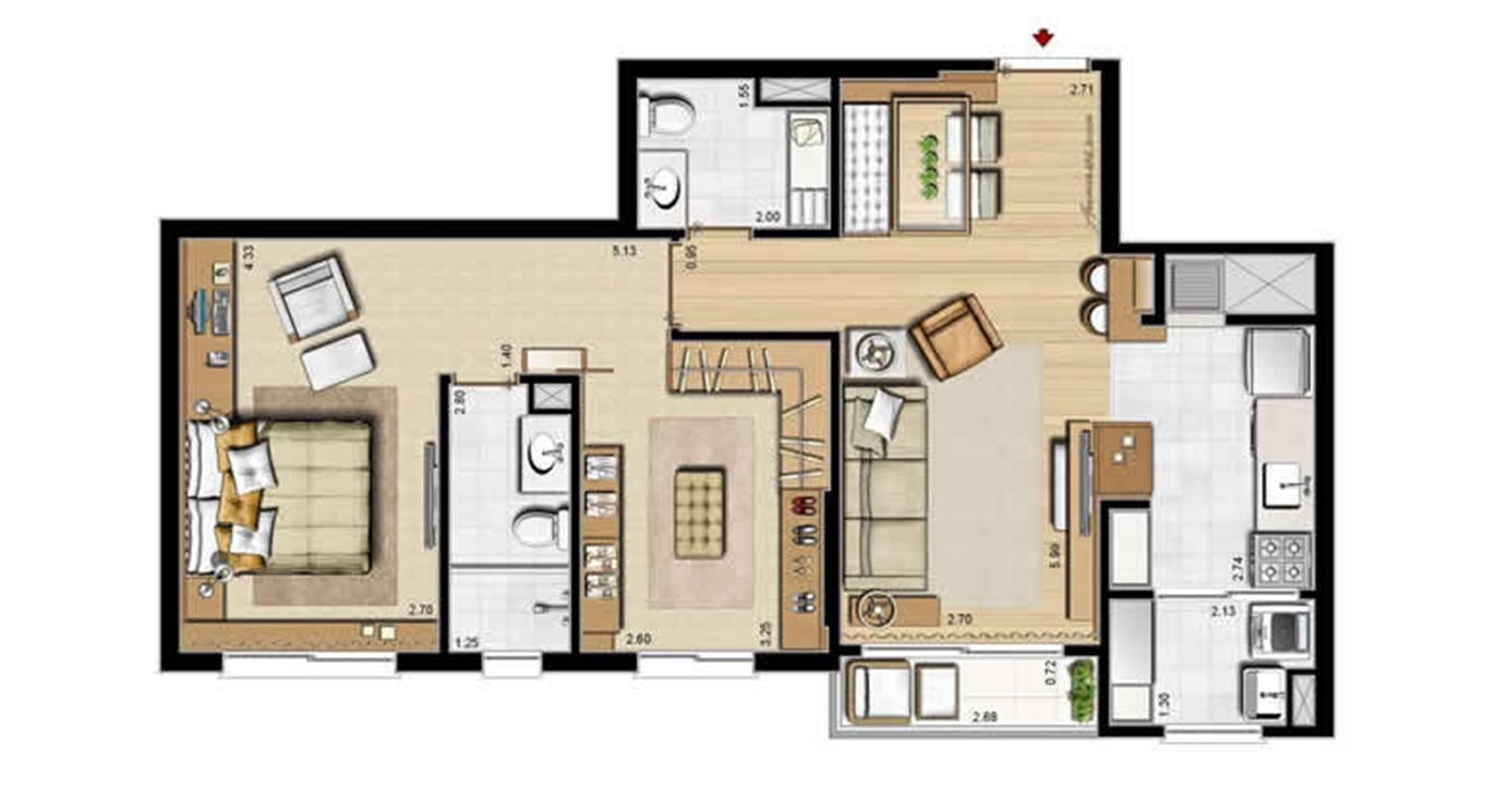 Opção suíte master e lavabo - 69 m² privativos e 107 m² área total | Villa Mimosa Vita Insolaratta – Centro - Canoas - Rio Grande do Sul Opção suíte master e lavabo - 69 m² privativos e 107 m² área total | Villa Mimosa Vita Insolaratta – Apartamento no Centro - Canoas - Rio Grande do Sul