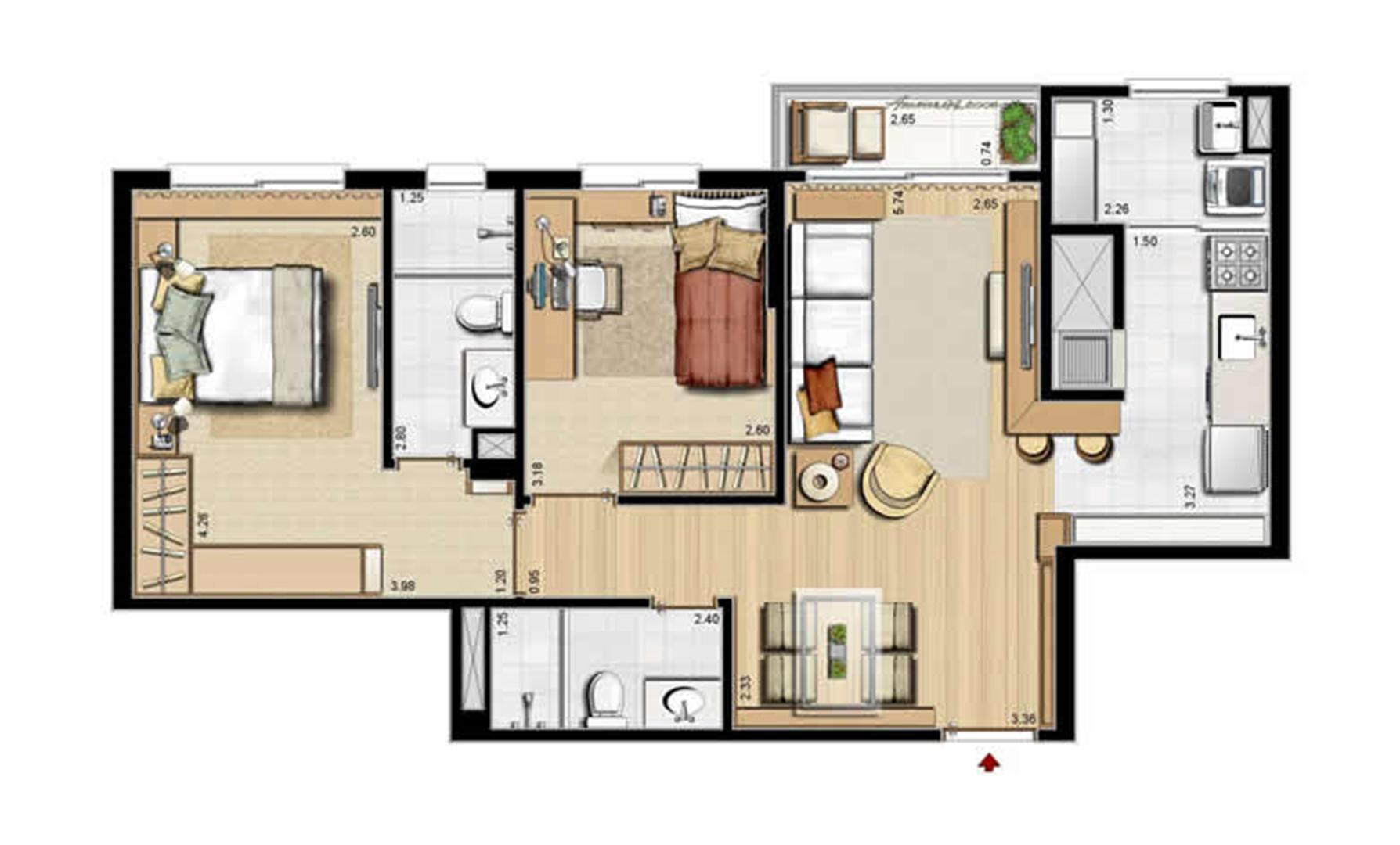 Planta padrão - 2 dormitórios, sendo 1 suíte - 68 m² privativos e 105 m² área total | Villa Mimosa Vita Insolaratta – Apartamento no  Centro - Canoas - Rio Grande do Sul
