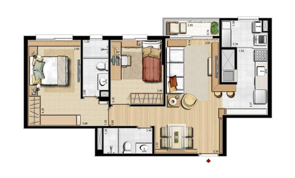 Planta padrão - 2 dormitórios, sendo 1 suíte - 68 m² privativos e 105 m² área total | Villa Mimosa Vita Insolaratta – Centro - Canoas - Rio Grande do Sul Planta padrão - 2 dormitórios, sendo 1 suíte - 68 m² privativos e 105 m² área total | Villa Mimosa Vita Insolaratta – Apartamento no Centro - Canoas - Rio Grande do Sul