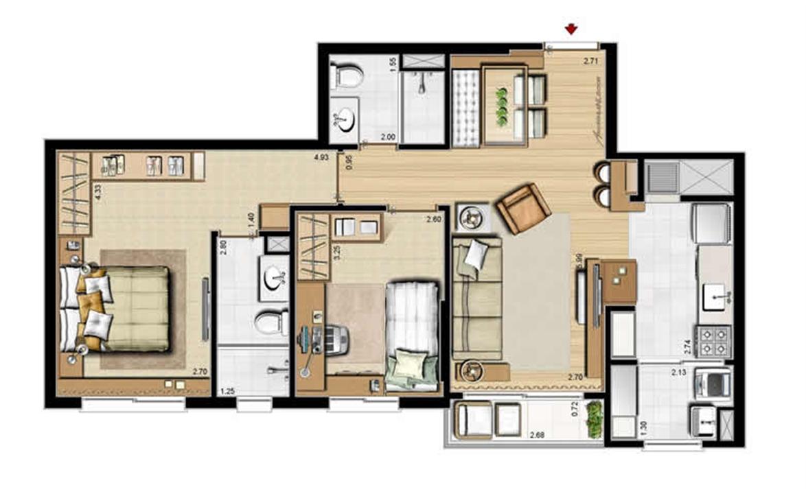 Planta padrão - 2 dormitórios, sendo 1 suíte - 69 m² privativos e 107 m² área total | Villa Mimosa Vita Insolaratta – Centro - Canoas - Rio Grande do Sul Planta padrão - 2 dormitórios, sendo 1 suíte - 69 m² privativos e 107 m² área total | Villa Mimosa Vita Insolaratta – Apartamento no Centro - Canoas - Rio Grande do Sul