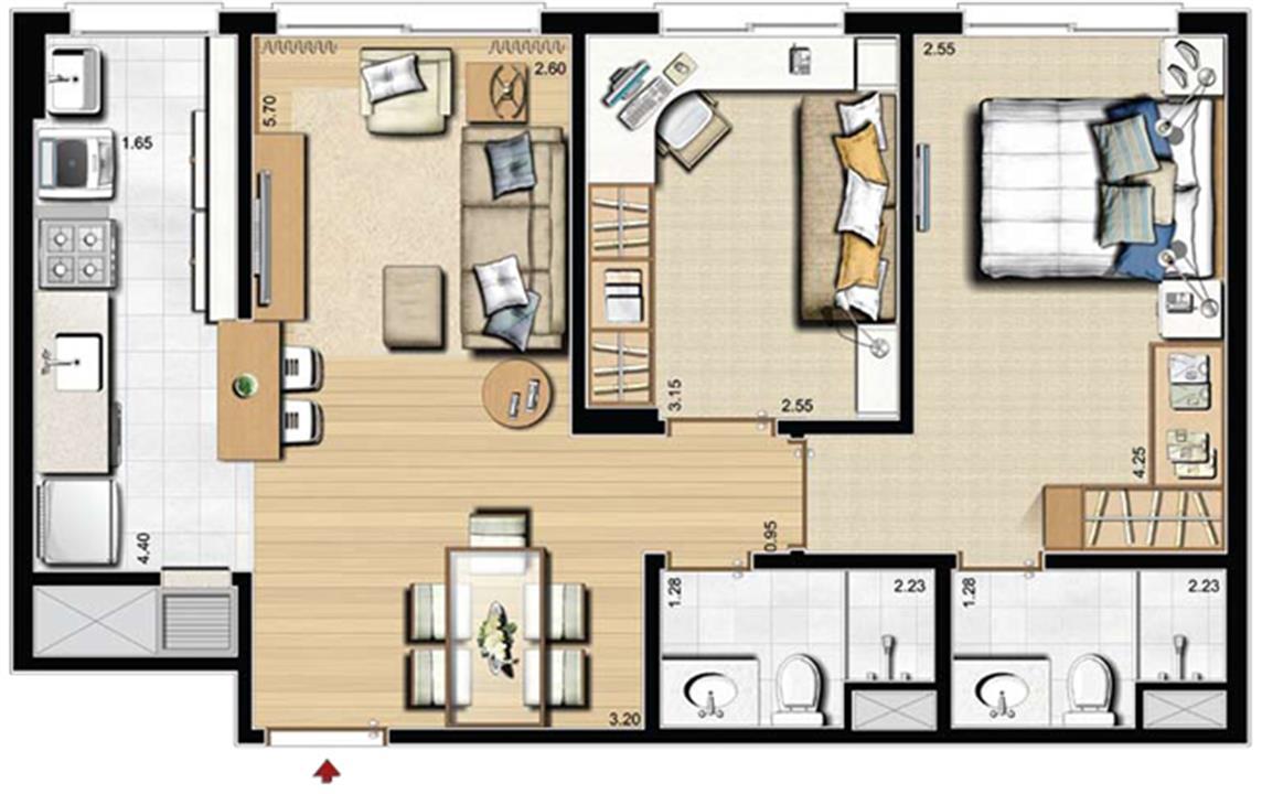 2 dorms., sendo 1 suíte com 60 m² privativos 93 m² de área total Planta Padrão | Absolutto Exclusive Life – Pátria Nova - Novo Hamburgo - Rio Grande do Sul 2 dorms., sendo 1 suíte com 60 m² privativos 93 m² de área total Planta Padrão | Absolutto Exclusive Life – Apartamento na Pátria Nova - Novo Hamburgo - Rio Grande do Sul