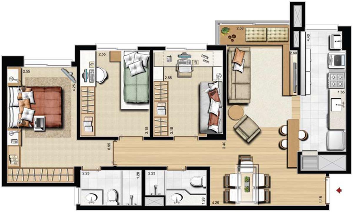 3 dorms., sendo 1 suíte com 77 m² privativos 119 m² de área total Planta padrão | Absolutto Exclusive Life – Pátria Nova - Novo Hamburgo - Rio Grande do Sul 3 dorms., sendo 1 suíte com 77 m² privativos 119 m² de área total Planta padrão | Absolutto Exclusive Life – Apartamento na Pátria Nova - Novo Hamburgo - Rio Grande do Sul