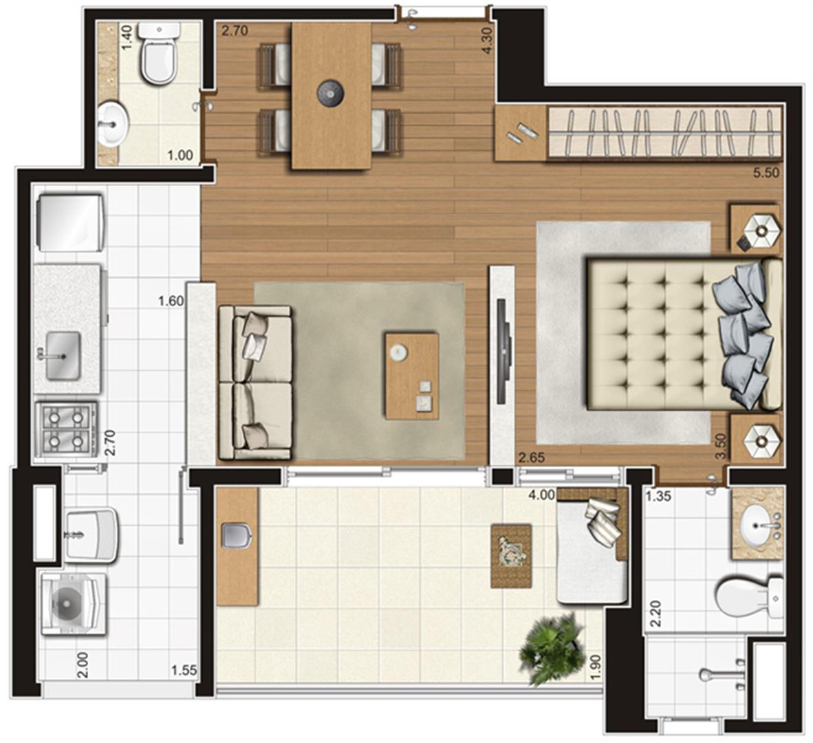 Planta-opção ilustrada do apartamento de 47 m² privativos, finais 3, 4, 7 e 8 | Tempo Bello – Apartamento no  Campo Belo - São Paulo - São Paulo