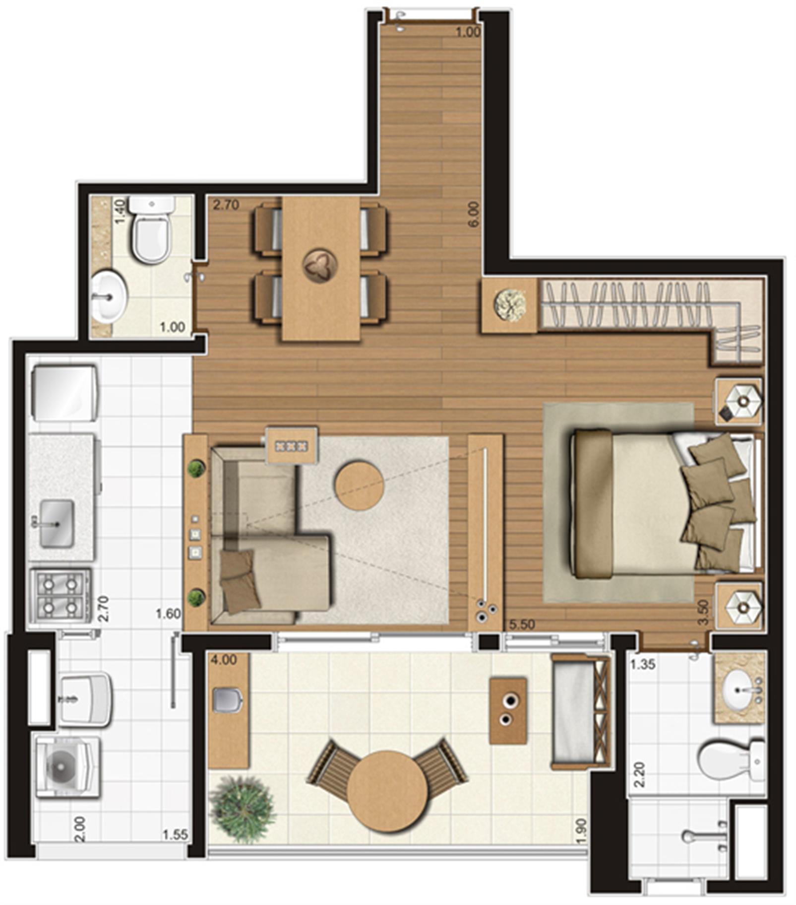 Planta-tipo ilustrada do apartamento de 50 m² privativos, finais 5, 9 e 10 | Tempo Bello – Campo Belo - São Paulo - São Paulo Planta-tipo ilustrada do apartamento de 50 m² privativos, finais 5, 9 e 10 | Tempo Bello – Apartamento no Campo Belo - São Paulo - São Paulo