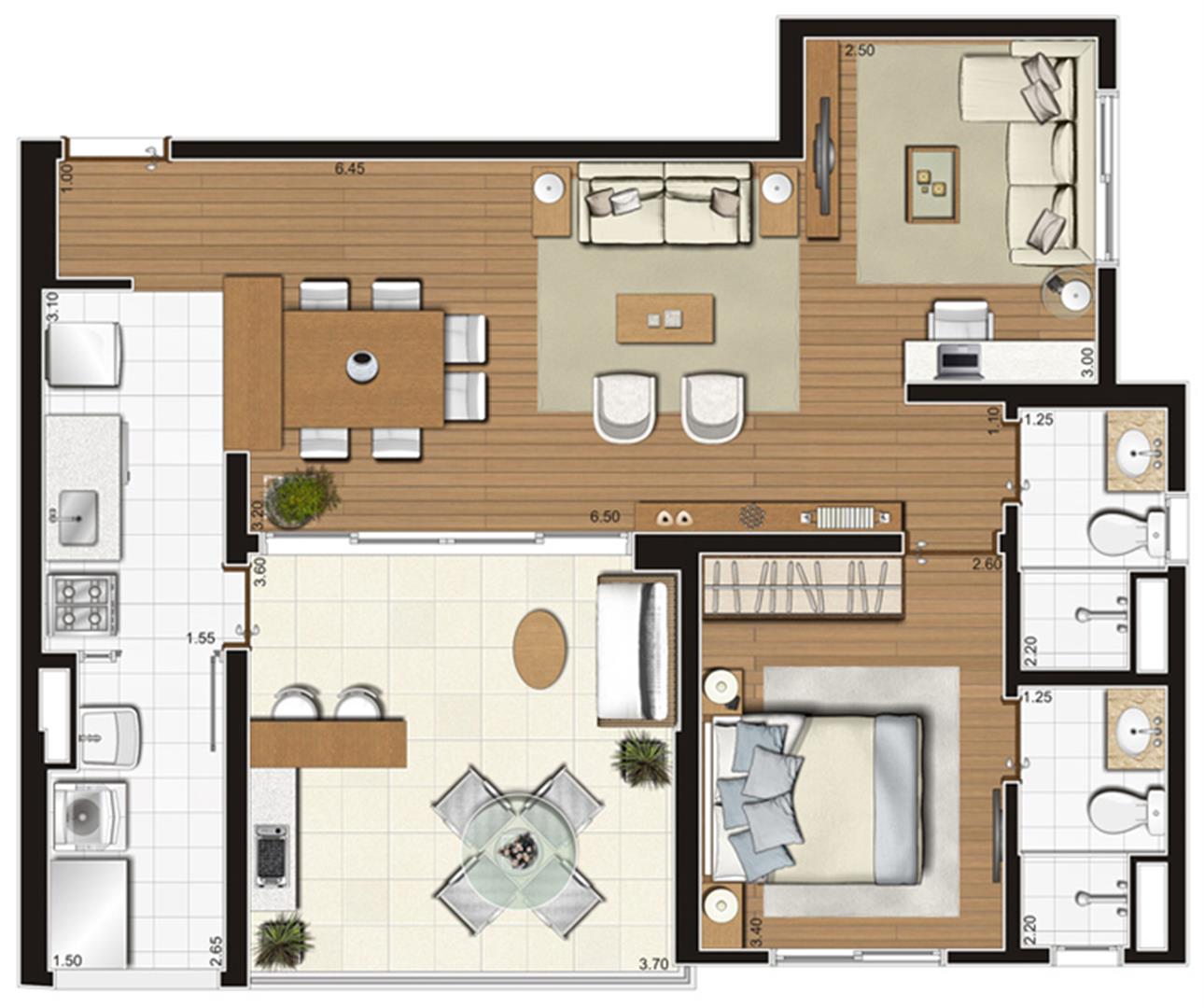 Planta-tipo ilustrada do apartamento de 73 m² privativos, finais 1 e 2 | Tempo Bello – Apartamento no  Campo Belo - São Paulo - São Paulo