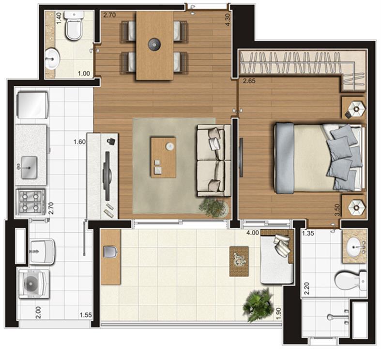 Planta-tipo ilustrada do apartamento de 47 m² privativos, finais 3, 4, 7 e 8 | Tempo Bello – Campo Belo - São Paulo - São Paulo Planta-tipo ilustrada do apartamento de 47 m² privativos, finais 3, 4, 7 e 8 | Tempo Bello – Apartamento no Campo Belo - São Paulo - São Paulo