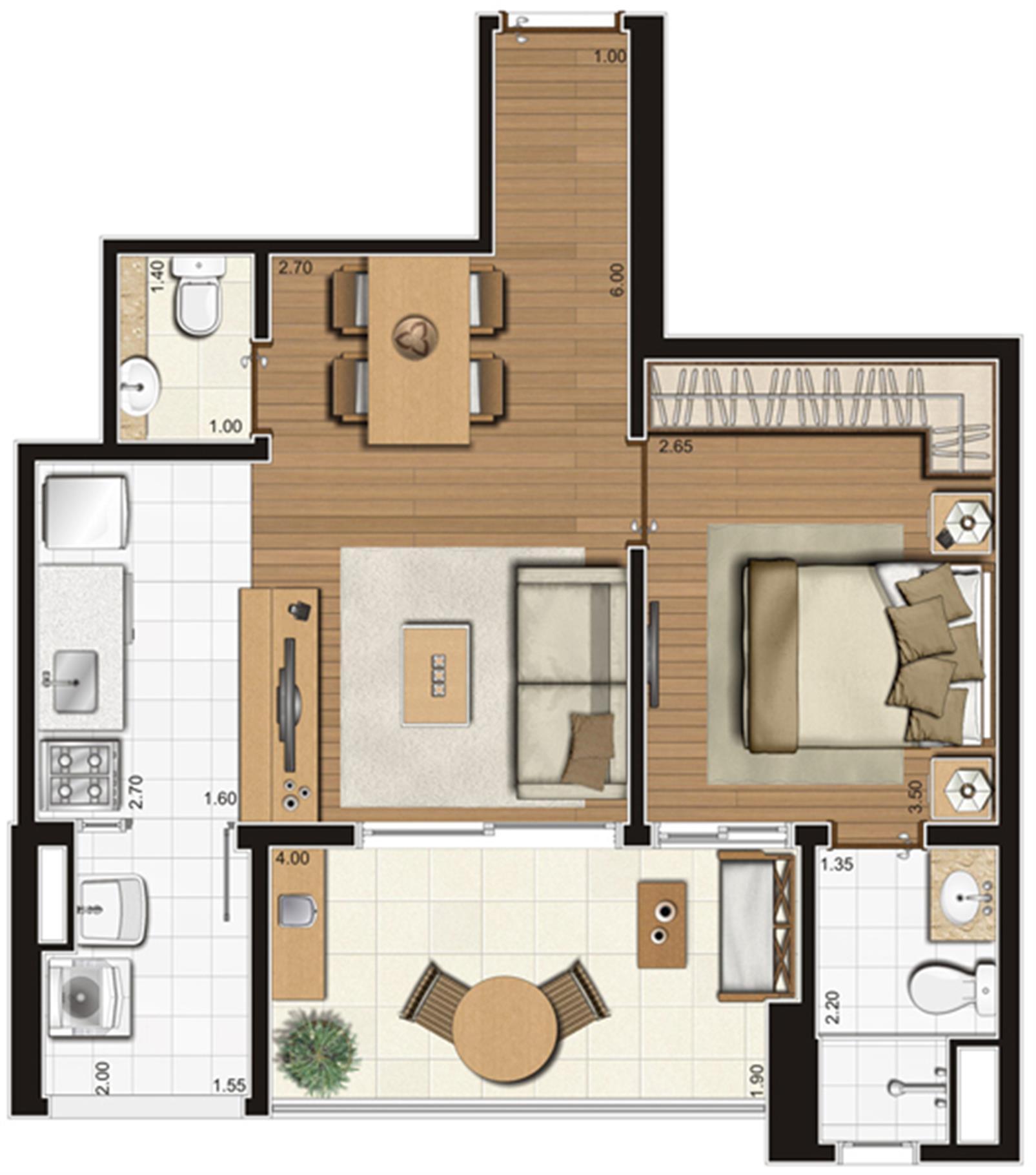 Planta-tipo ilustrada do apartamento de 50 m² privativos, finais 5, 9 e 10 | Tempo Bello – Campo Belo - São Paulo - São Paulo Planta-tipo ilustrada do apartamento de 50 m² privativos, finais 5, 9 e 10 | Tempo Bello – Apartamento no Campo Belo - São Paulo - São Paulo