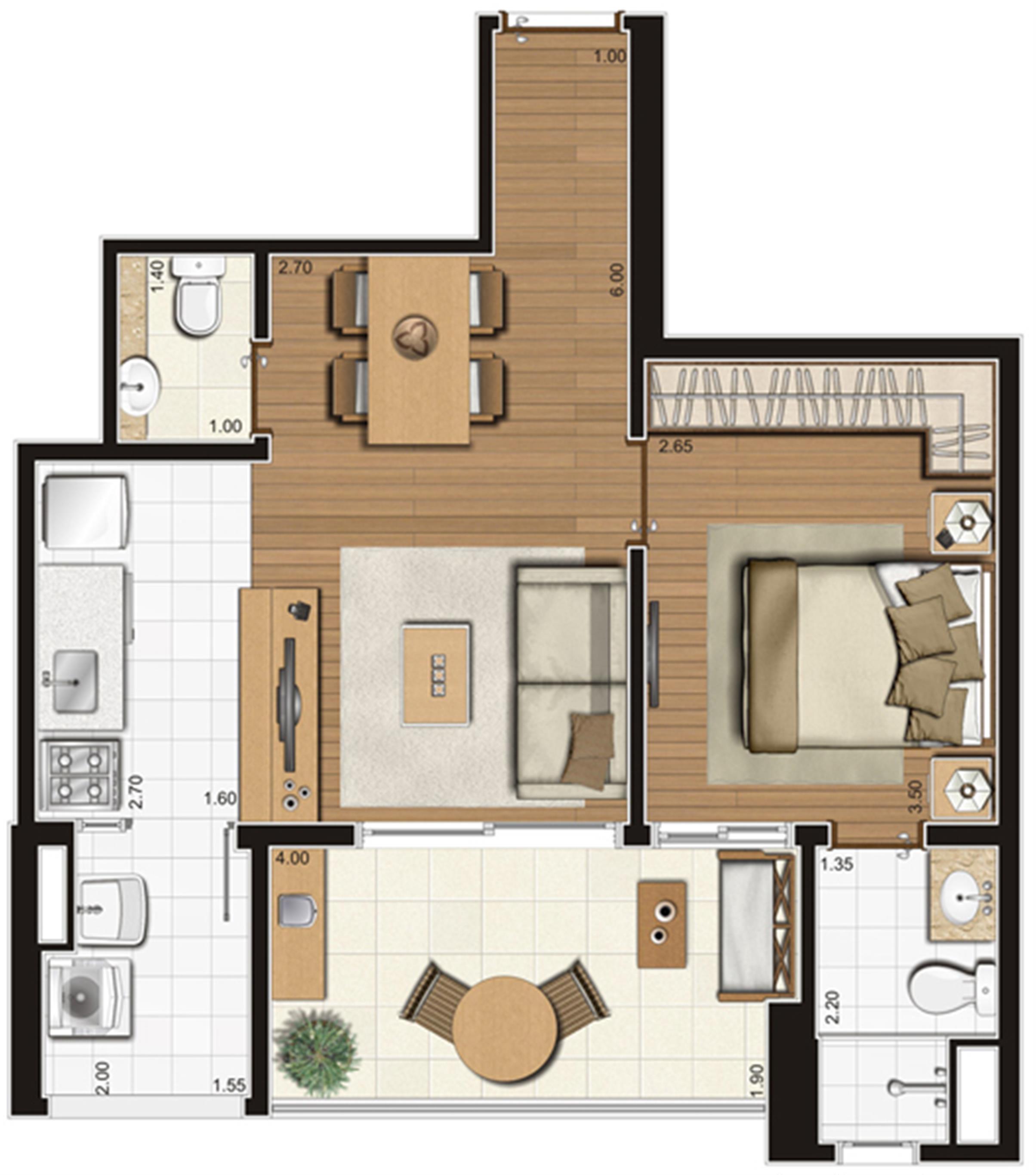Planta-tipo ilustrada do apartamento de 50 m² privativos, finais 5, 9 e 10 | Tempo Bello – Apartamento no  Campo Belo - São Paulo - São Paulo