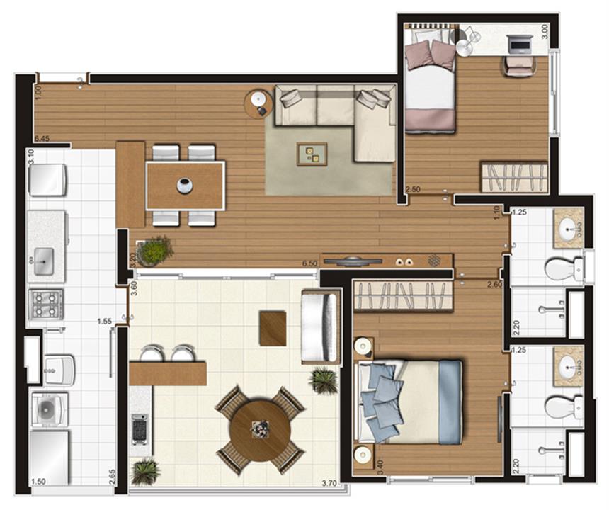 Planta-tipo ilustrada do apartamento de 73 m² privativos, finais 1 e 2 | Tempo Bello – Campo Belo - São Paulo - São Paulo Planta-tipo ilustrada do apartamento de 73 m² privativos, finais 1 e 2 | Tempo Bello – Apartamento no Campo Belo - São Paulo - São Paulo