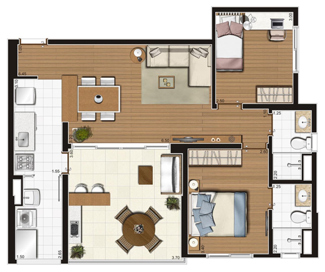 Planta-tipo ilustrada do apartamento de 73 m² privativos, finais 1 e 2 | Tempo Bello – Apartamento no  Campo Belo - São Paulo - São Paulo