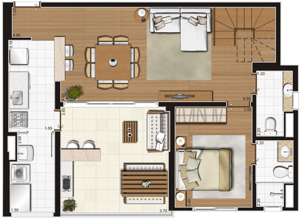 Planta-tipo ilustrada do pavimento inferior do apartamento duplex de 138 m² privativos, finais 1 e 2 | Tempo Bello – Campo Belo - São Paulo - São Paulo Planta-tipo ilustrada do pavimento inferior do apartamento duplex de 138 m² privativos, finais 1 e 2 | Tempo Bello – Apartamento no Campo Belo - São Paulo - São Paulo