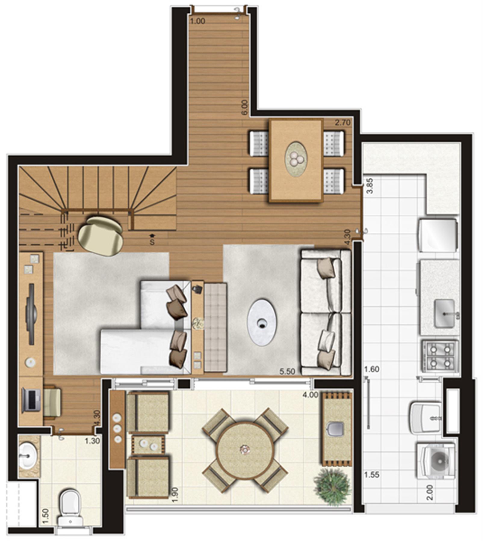 Planta-tipo do pavimento inferior do apartamento duplex de 95 m² privativos, finais 5 e 10 | Tempo Bello – Campo Belo - São Paulo - São Paulo Planta-tipo do pavimento inferior do apartamento duplex de 95 m² privativos, finais 5 e 10 | Tempo Bello – Apartamento no Campo Belo - São Paulo - São Paulo
