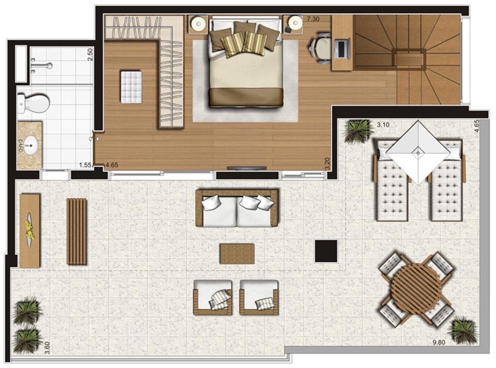 Planta-tipo ilustrada do pavimento inferior do apartamento duplex de 138 m² privativos, finais 1 e 2 | Tempo Bello – Campo Belo - São Paulo - São Paulo Planta-tipo ilustrada do pavimento inferior do apartamento duplex de 138 m² privativos, finais 1 e 2 | Tempo Bello – Apartamento no Campo Belo - São Paulo - São Paulo