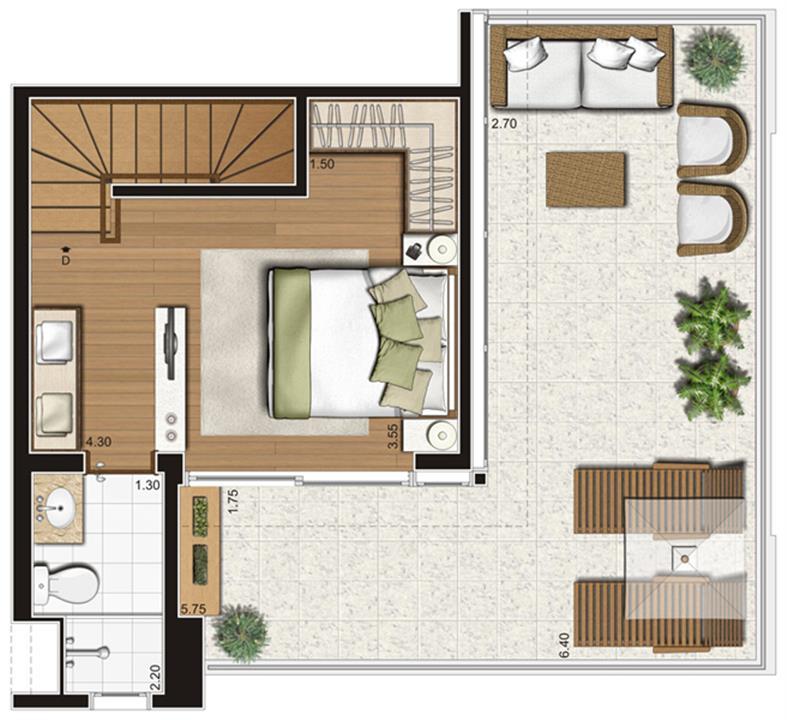 Planta-tipo do pavimento superior do apartamento duplex de 95 m² privativos, finais 5 e 10 | Tempo Bello – Campo Belo - São Paulo - São Paulo Planta-tipo do pavimento superior do apartamento duplex de 95 m² privativos, finais 5 e 10 | Tempo Bello – Apartamento no Campo Belo - São Paulo - São Paulo