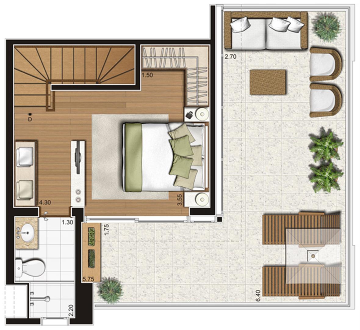 Planta-tipo do pavimento superior do apartamento duplex de 95 m² privativos, finais 5 e 10 | Tempo Bello – Apartamento no  Campo Belo - São Paulo - São Paulo