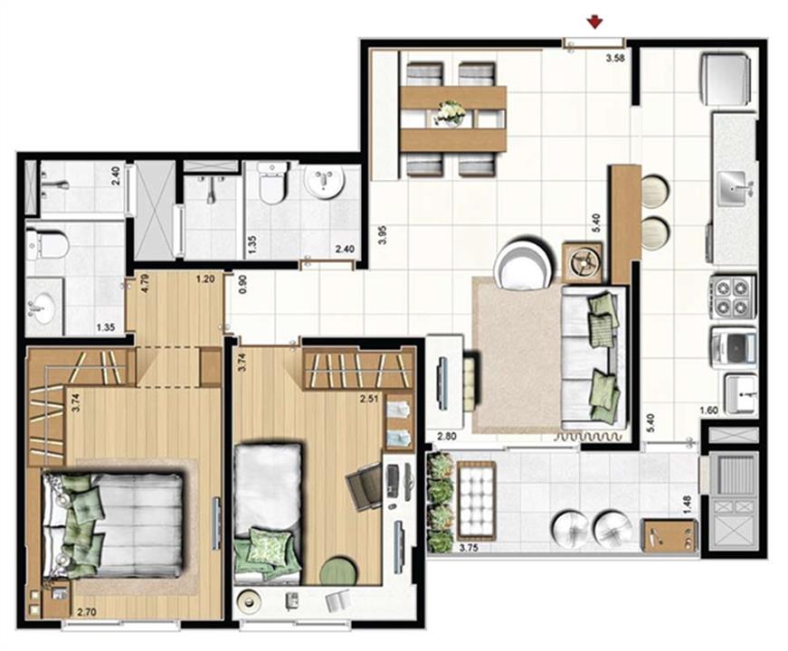 Opção living estendido - 71 m² privativos - Torres Aquamar, Altavista e Ultramare | Cennario Santa Catarina – Praia Comprida - São José - Santa Catarina Opção living estendido - 71 m² privativos - Torres Aquamar, Altavista e Ultramare | Cennario Santa Catarina – Apartamento na Praia Comprida - São José - Santa Catarina