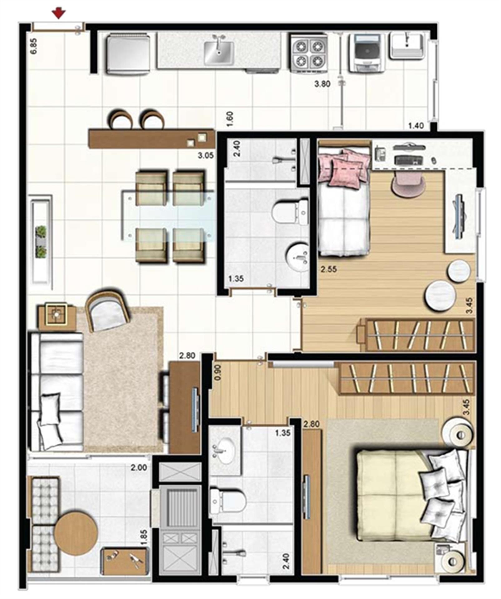 Opção living estendido - 66 m² privativos - Torre Mirante | Cennario Santa Catarina – Praia Comprida - São José - Santa Catarina Opção living estendido - 66 m² privativos - Torre Mirante | Cennario Santa Catarina – Apartamento na Praia Comprida - São José - Santa Catarina