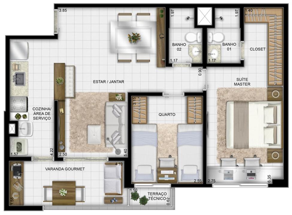 Planta tipo 68 m² | Jardim de Lombardia – Apartamento	em  Altos do Calhau - São Luís - Maranhão