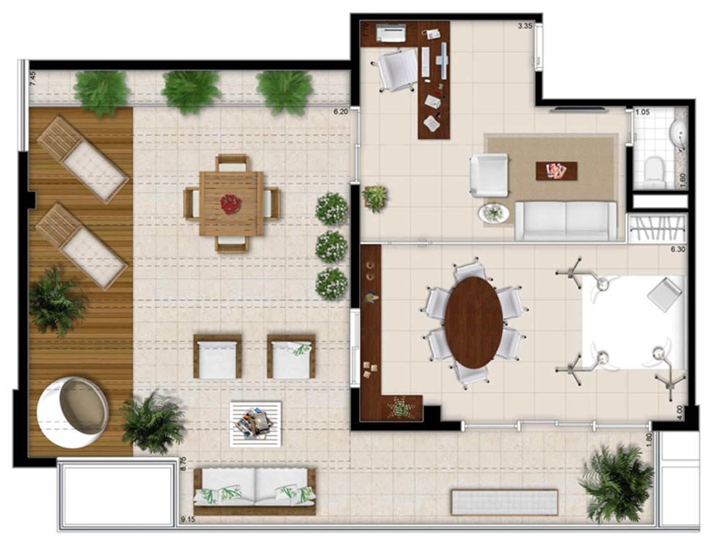 Planta - Tipo ilustrada da cobertura de 113 m² | Escritórios Design – Salas Comerciais no  Cambuí - Campinas - São Paulo