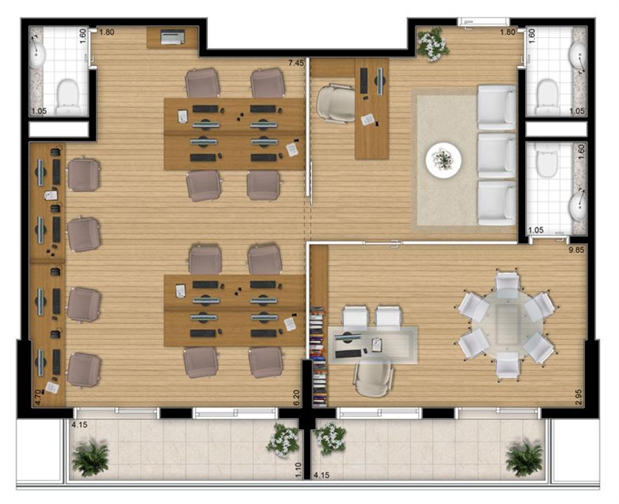 Planta - tipo ilustrada da opção junção 80 m² | Escritórios Design – Cambuí - Campinas - São Paulo Planta - tipo ilustrada da opção junção 80 m² | Escritórios Design – Salas Comerciais no Cambuí - Campinas - São Paulo