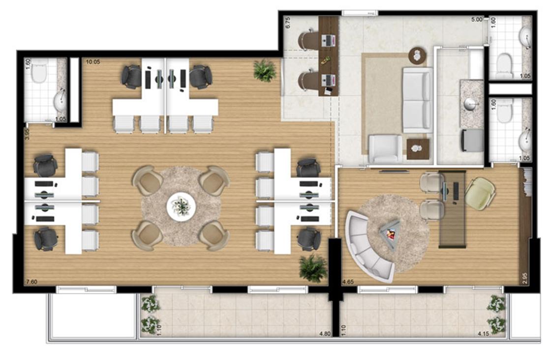 Planta - tipo ilustrada da opção junção 96 m² | Escritórios Design – Cambuí - Campinas - São Paulo Planta - tipo ilustrada da opção junção 96 m² | Escritórios Design – Salas Comerciais no Cambuí - Campinas - São Paulo